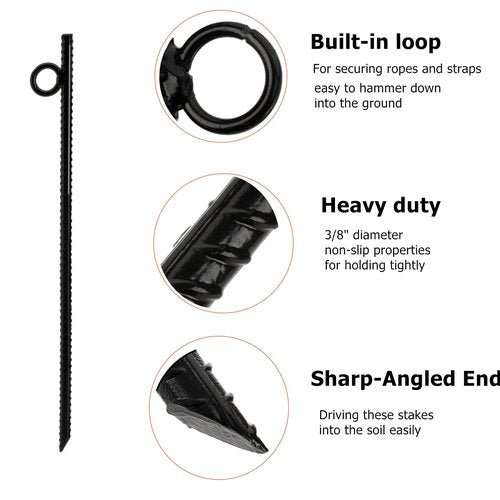 NROZIET 12 Pack 16 Inch Ground Stakes Heavy Duty, Black Steel Ground Anchors with Loop, Reusable Tent Rebar Tent Stakes for Sheds Outdoor Camping Walkway Fence