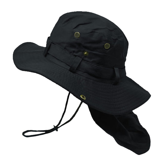 Glory Max Bucket Boonie Hat with Neck Flap Cover Sun Safari Wide Brim Fishing Garden Hiking Cap (Black)