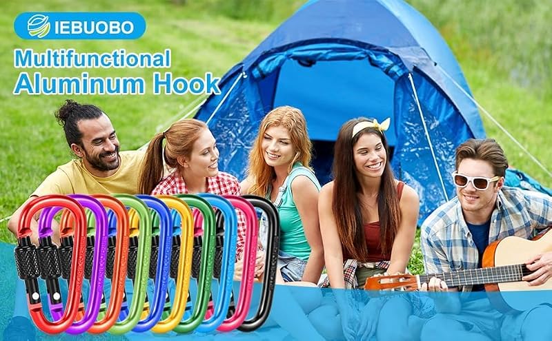 10 Pack Aluminum D Ring Key Rings Locking Carabiners for Hiking Camping Fishing - Black, Gold & Green