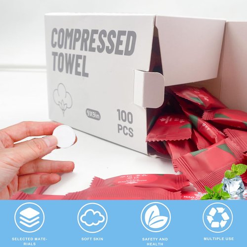 Mini Compressed Towel Portable Disposable Compressed Cotton Coin Standalone Paper Towels for Travel, Camping, Hiking, Sports, Beauty Salon, Household Towels 100 Pieces (8.5in×9in)