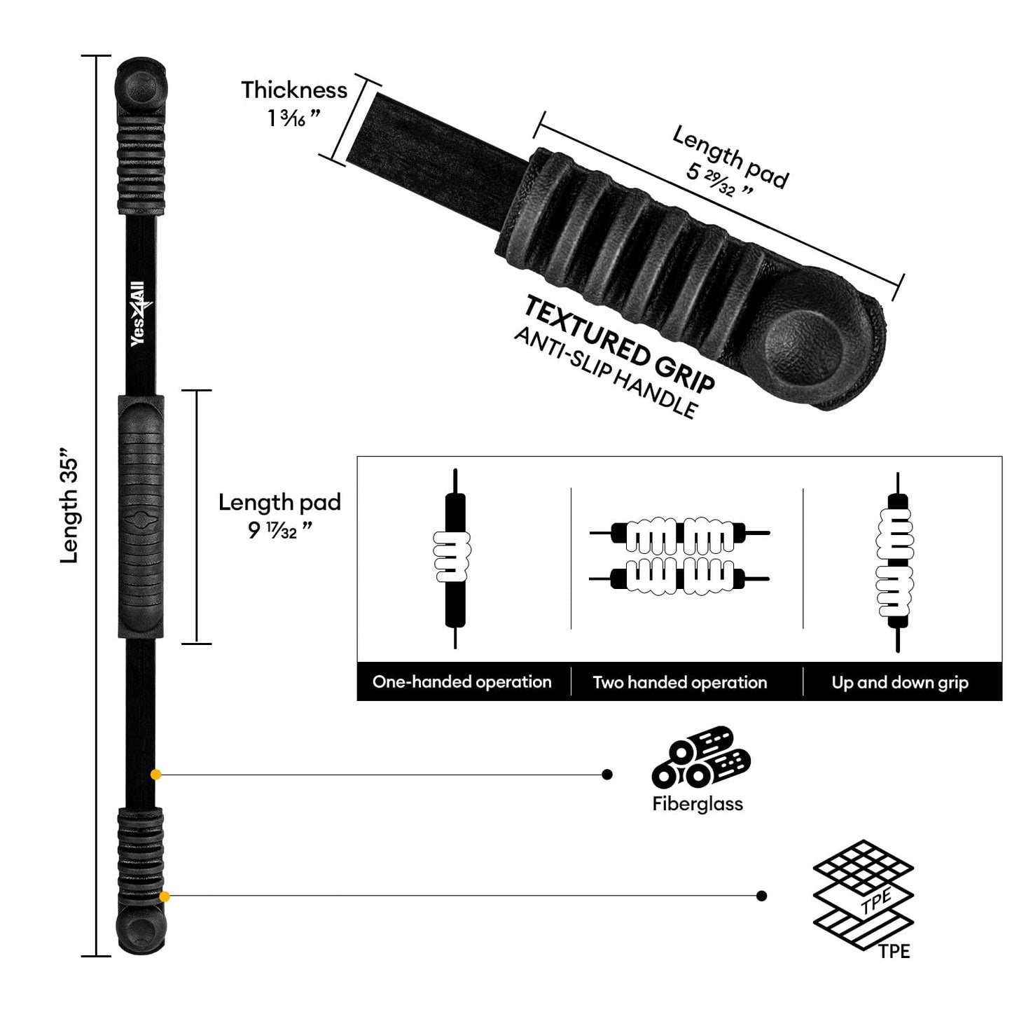 Yes4All Flex Bar, Elastic Fitness Bars with Strong Fiberglass & TPE Material, 2in1 Functional Exercise Bar, 9.5 inch Comfortable Grip, High Frequency Vibration Training, Build Muscles & Burn Fat