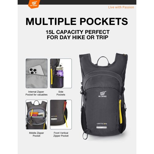 SKYSPER Small Hiking Backpack 15L Lightweight Travel Daypack for Camping Travelling Breathable Walking Daybag for Women Men