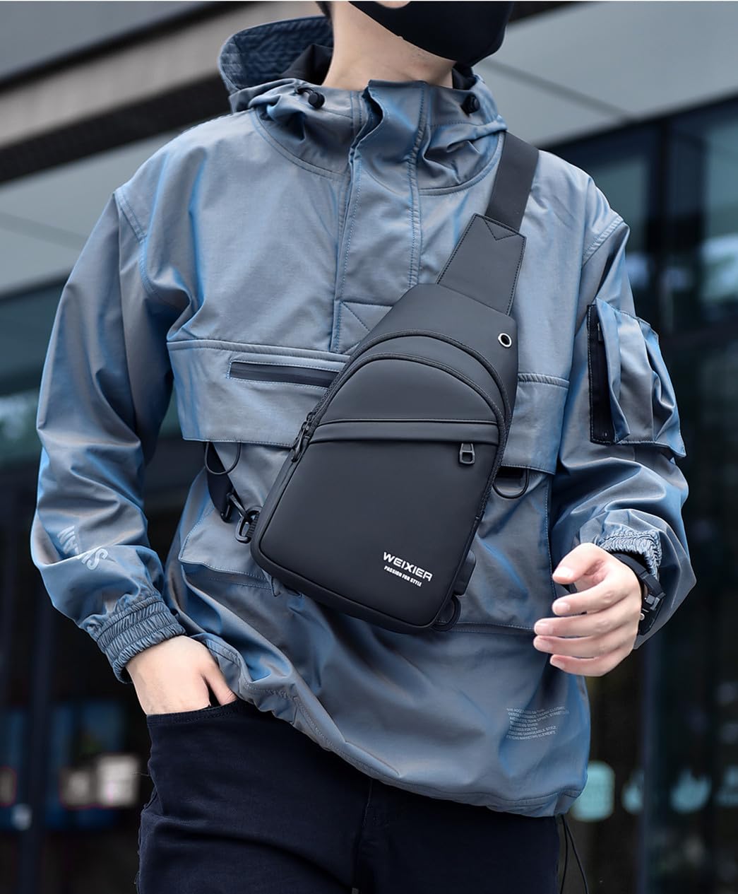 Hjkiopc Waterproof Sling Bags Mens Shoulder Crossbody Backpack with USB Charging Port& Headphone,Outdoor Lightweight Bag