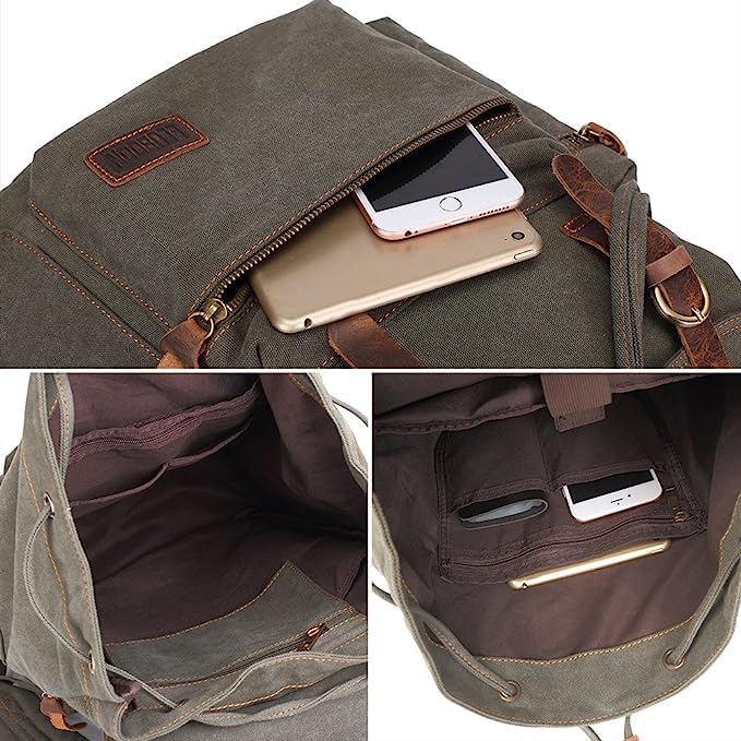 Vintage Leather Trim Backpack for Men & Women | Casual Travel Rucksack for Laptops