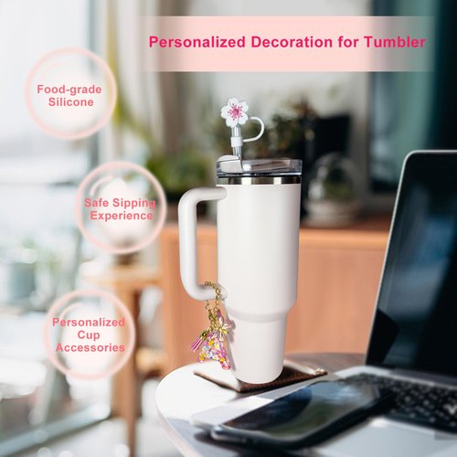 Compatible with Stanley Cup Accessories, Letter Charm and 3Pcs Silicone Straw Cover, 0.4" 10MM Straw Toppers for Stanley 30 40 oz Tumbler, Pink Initial Letter Charm with Butterfly and Tassel, Letter M