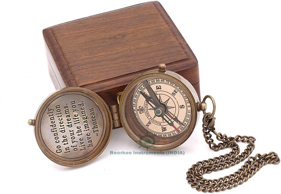 RII Solid Brass Compass | Antique Nautical Design with Thoreau Quote | Directional Magnetic Compass in Rosewood Case | Portable Pocket Size for Outdoor Adventures | Inspirational Gift for Collectors