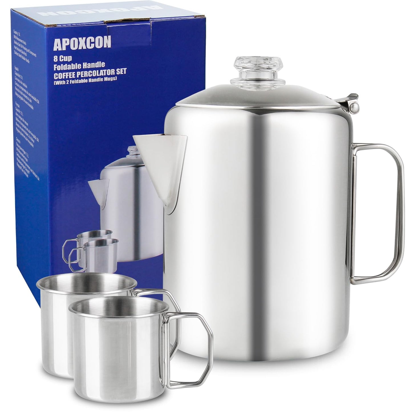 APOXCON Coffee Percolator Bundle with 2 Mugs Stainless Steel Coffee Maker with Heat Resistant Tough Glass Knob & Foldable Handle Using on any Stovetop Outdoor Camping NO Aluminum NO Plastic (8 Cup)