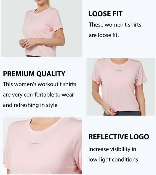 GRAMVAL Womens Cropped T Shirts, Short Sleeves Crew Neck Tee Tops Athletic Workout Gym Yoga Sweatshirts Pink L