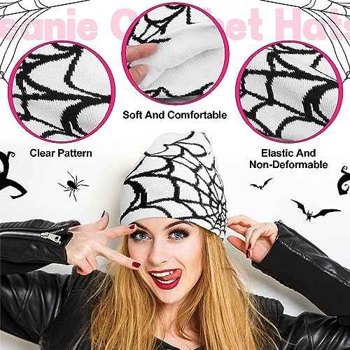 Jeyiour 4 Pcs Y2k Beanies Spider Web Pattern Beanie Gothic Acrylic Knitted Hat Casual Streetwear Outdoor for Men Women