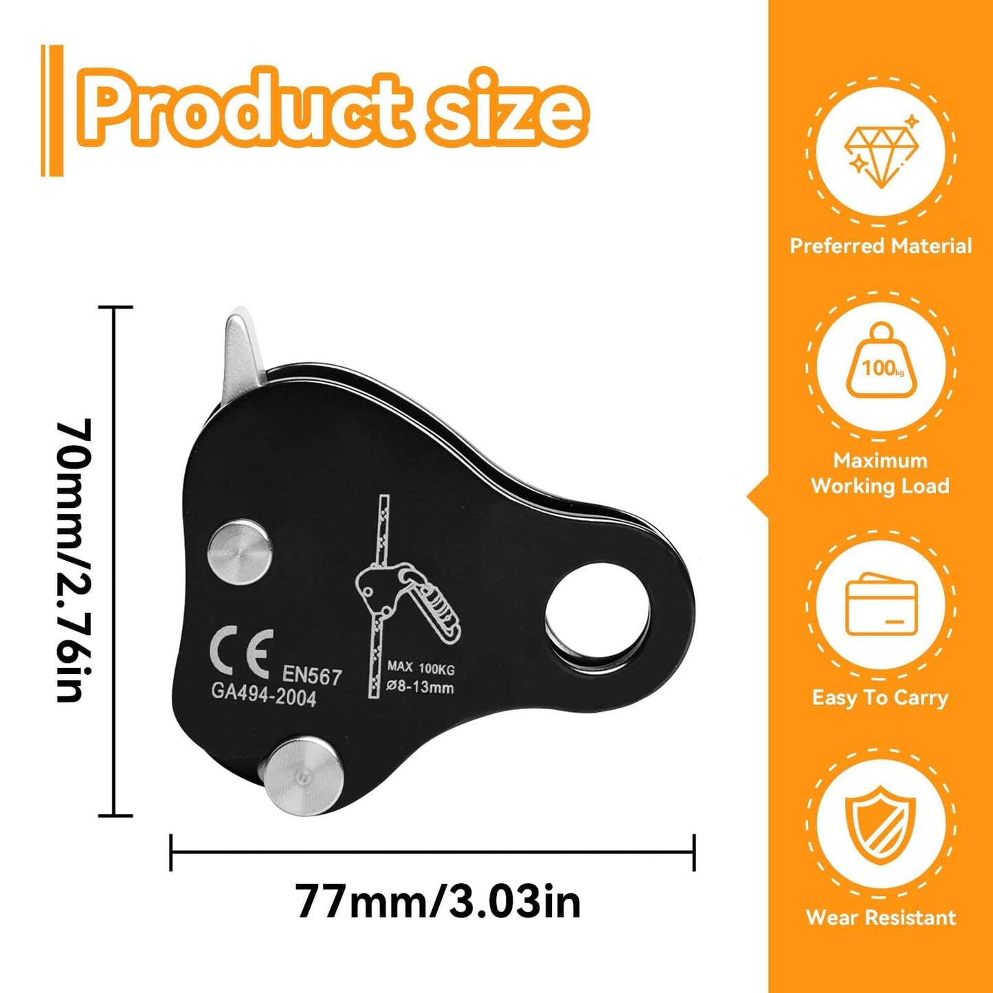 HERCHR Climbing Rope Grab Ascender Riser Adjuster, Self Locking Stop Descender 8‑13mm Climbing Rope Grab Stopper Rescue Rappel Ring Climbing Gear Rocking Fall Arrest Protection Belay Device(Black)