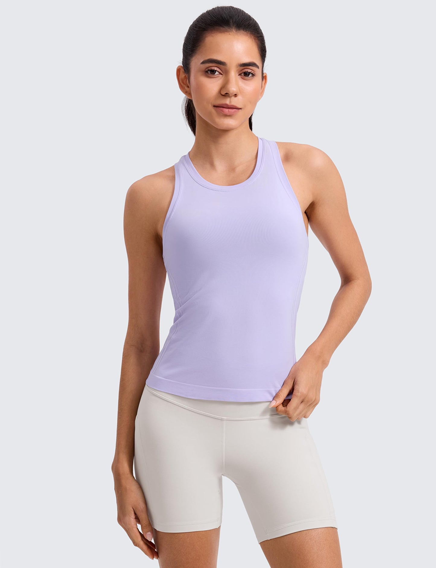 CRZ YOGA Seamless Workout Tank Tops for Women - Athletic Running Gym Sleeveless Shirts Crewneck Racerback Breathable Lavender Frost Large
