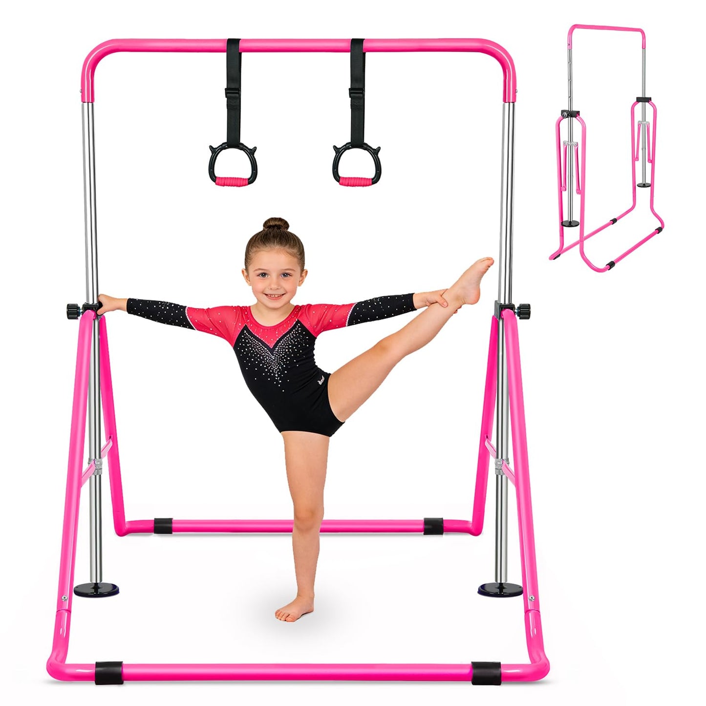Bighaki808 Gymnastics Bars Kids Training Bars for Home, Folding Horizontal Bars with Adjustable Height Expandable Gymnastics Equipment Junior Kip Bar for Girls & Boys (Pink)
