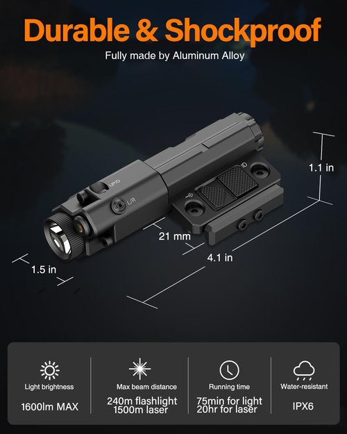Mlok Picatinny 2 in 1 Flashlight Blue Laser Sight Combo, TOUGHSOUL Max 1600 Lumen Rechargeable Red Blue IR Laser Flashlight for Ar Rifle (Blue Laser)