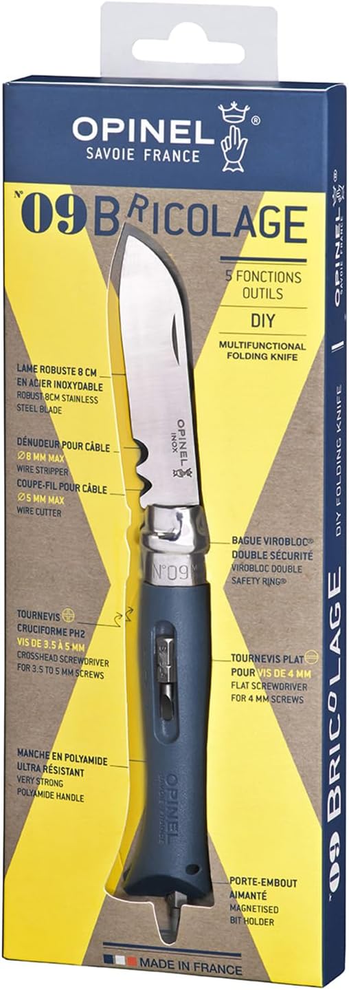 Opinel No.09 DIY - Stainless Steel Folding Pocket Knife and Multi-Tool, Wire Stripper, Screwdriver, Made in France