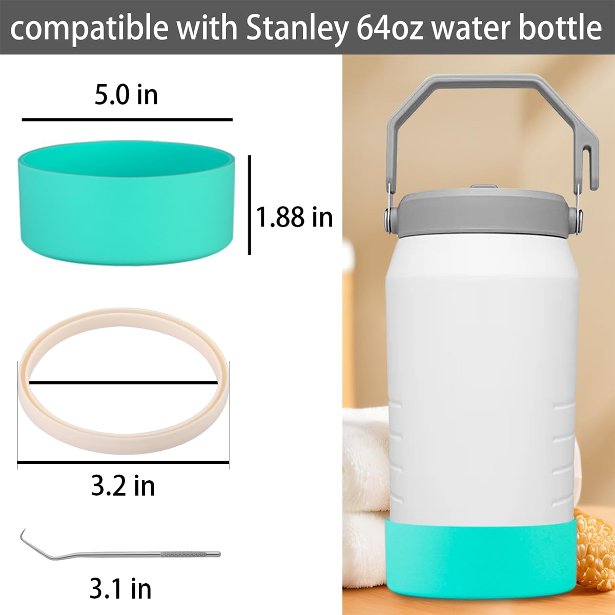 4-Piece Silicone Sleeve with Replacement Gasket for Stanley 64oz IceFlow Flip Top Tumbler, Silicone Sleeve Replacement Gasket for Stanley 64oz Water Bottle (4, Rose Red Green)
