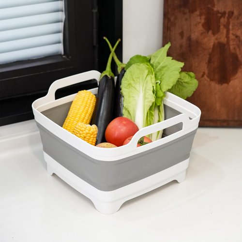 Collapsible Dish Basin 2.4Gal/9L, Foldable Kitchen Sink Tub With Drain Plug,Wash Basin for Dishes,Fruits,Bottles,Space-Saving for RVs,Camping & Laundry(Gray)