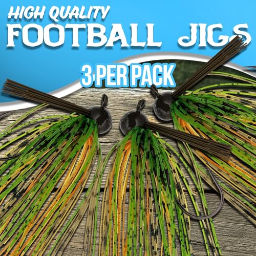 Football Head Fishing Jigs with Silicone Skirt for Bass Pike Walleye Muskie - 3 Pack