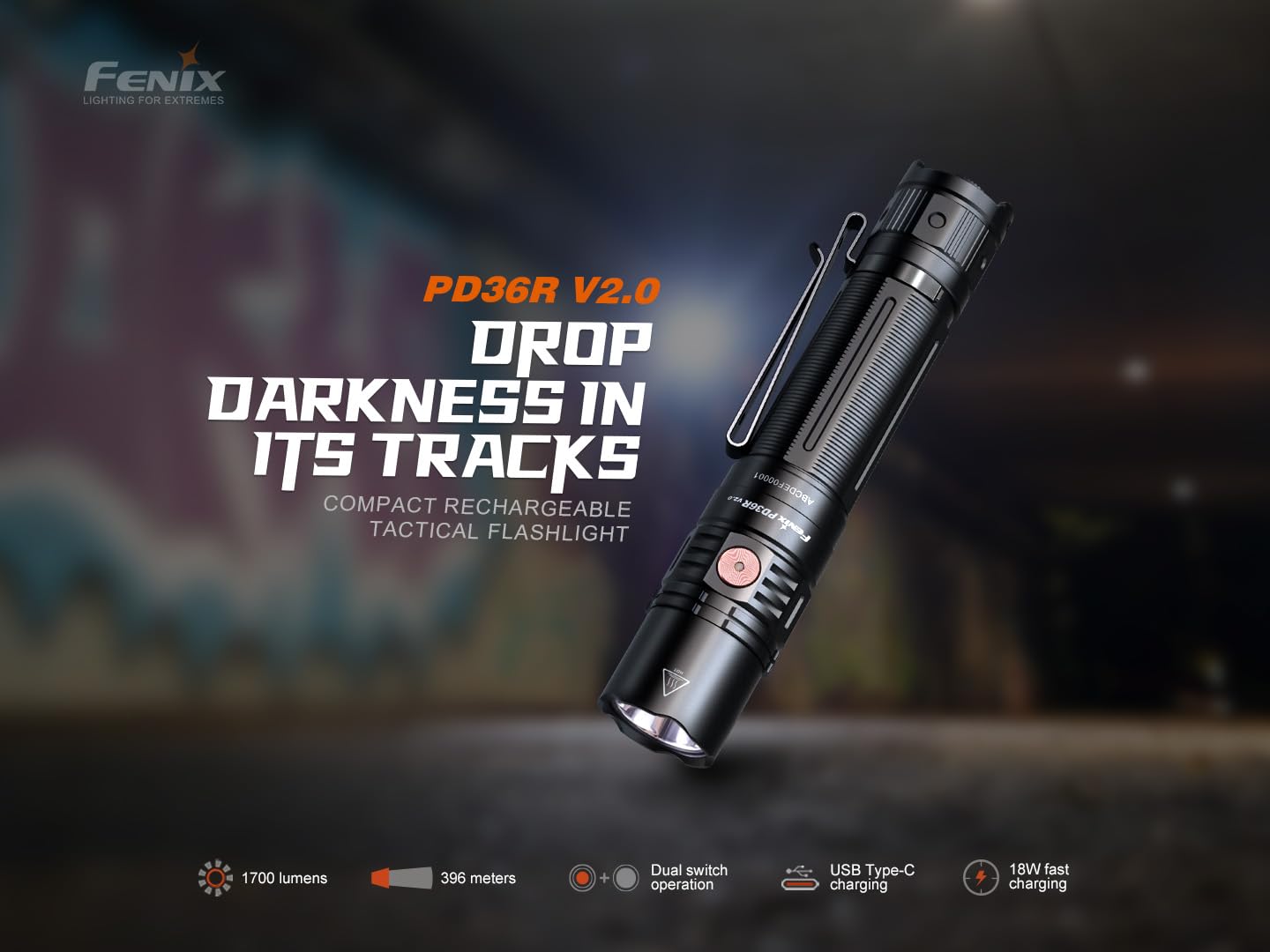 Fenix PD36R V2.0 Tactical Flashlight, 1700 Lumen USB-C Long Throw Rechargeable EDC Work Police Duty Patrol Search and Rescue, Emergency with LumenTac Organizer