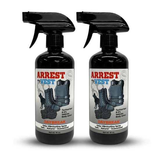 Arrest My Vest Military Grade Odor Eliminating Spray for Body Armor, Tactical Gear, and K9 Equipment. Safe on All Ballistic Vests, Fabrics, & Police Gear - Daybreak Fragrance - 2 16 oz Bottles