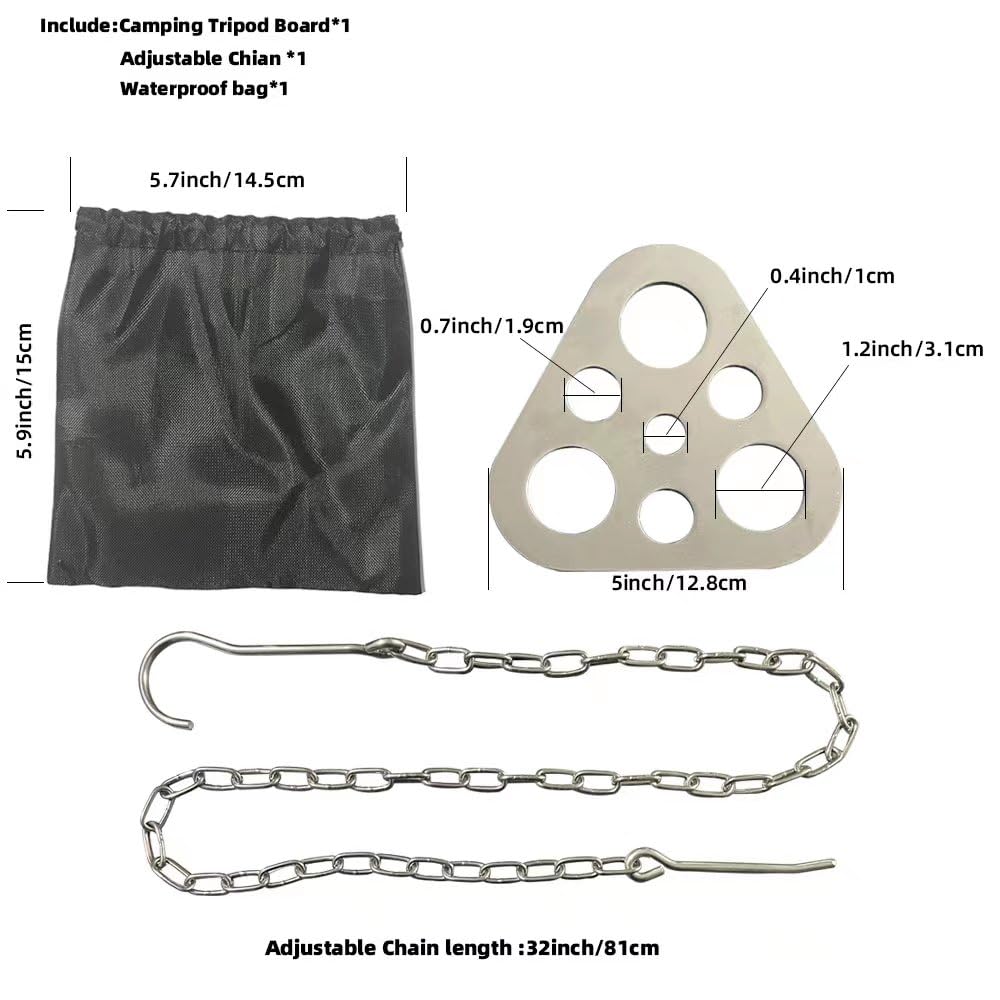 Camping Tripod Board，Turn Branches into Campfire Tripod ，Stainless Steel Campfire Support Plate with Adjustable Chain，for Hanging Cookware,Portable Camping Gear (Plus)