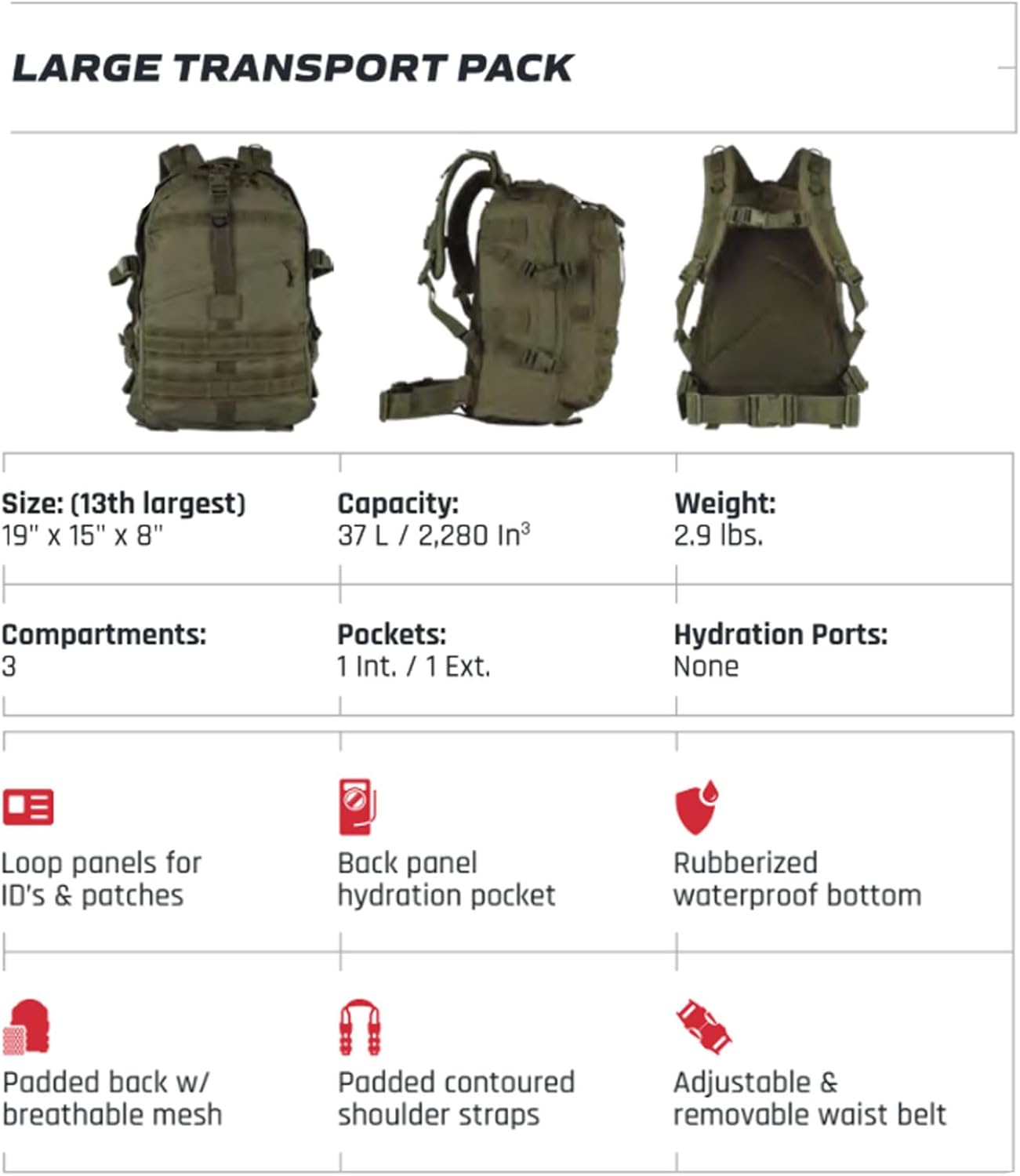 Fox Outdoor Products Large Transport Pack | 37L Tactical Backpack with Compression Straps, Hydration Pocket & Modular Webbing