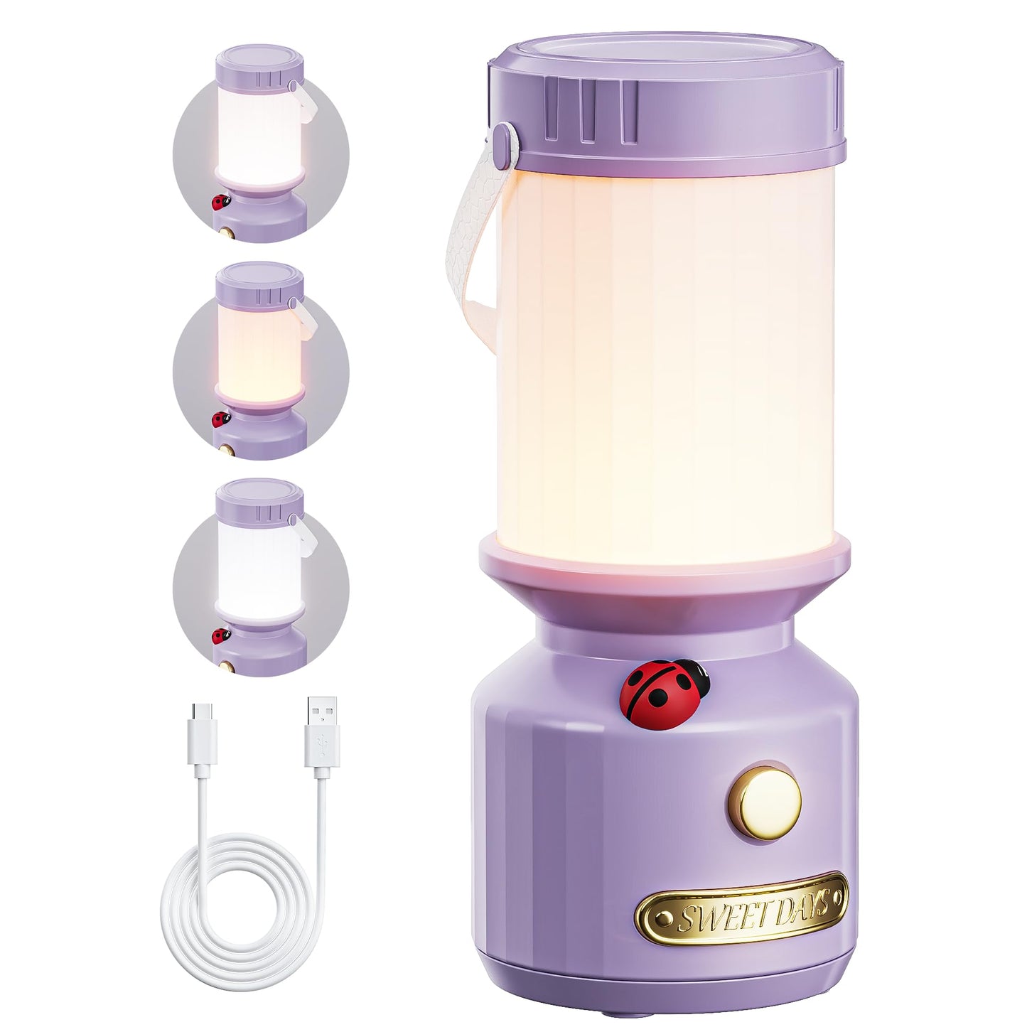 HOMY Ladybug Night Light for Kids, Retro 7-Star USB Rechargeable Camping Lantern, 3-Color Dimmable LED, Tent Hook & Handle, Safe Night Light for Outdoor/Kids Camping Essentials