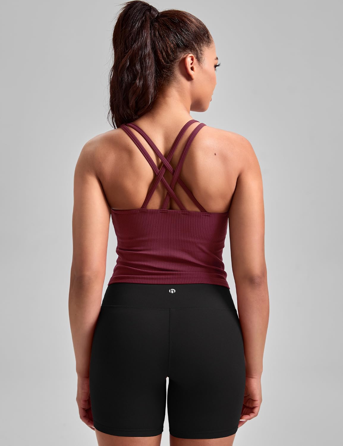HeyNuts Zeal Longline Ribbed Sports Bras for Women, Medium Impact Wirefree Yoga Tank Tops Criss Cross Back Crop Tops Workout Bras Cassis XL