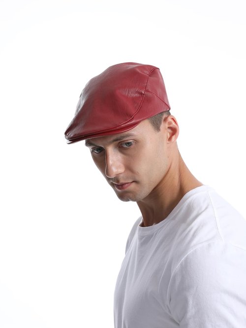 Idopy Men's Classic Faux Leather PU Driving Ivy Hat Fishing Golf Beret Newsboy Flat Cap Cabbie Red