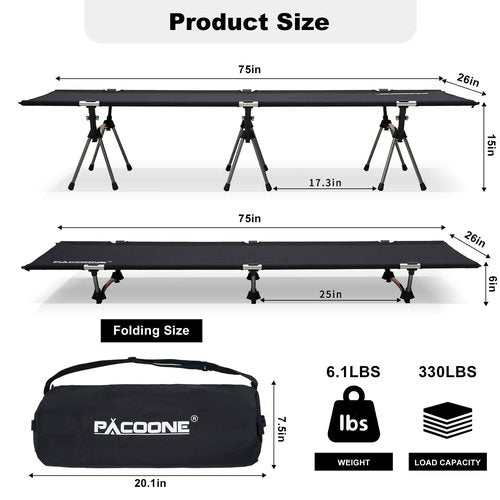 PACOONE 2-in-1 Ultralight Folding Camping Cot with Leg Extenders, Military Camping Cots Bed, Heavy Duty Folding Sleeping Camping Cot for Backpacking Hiking Travel Tent, Support 330 Lbs(Black)