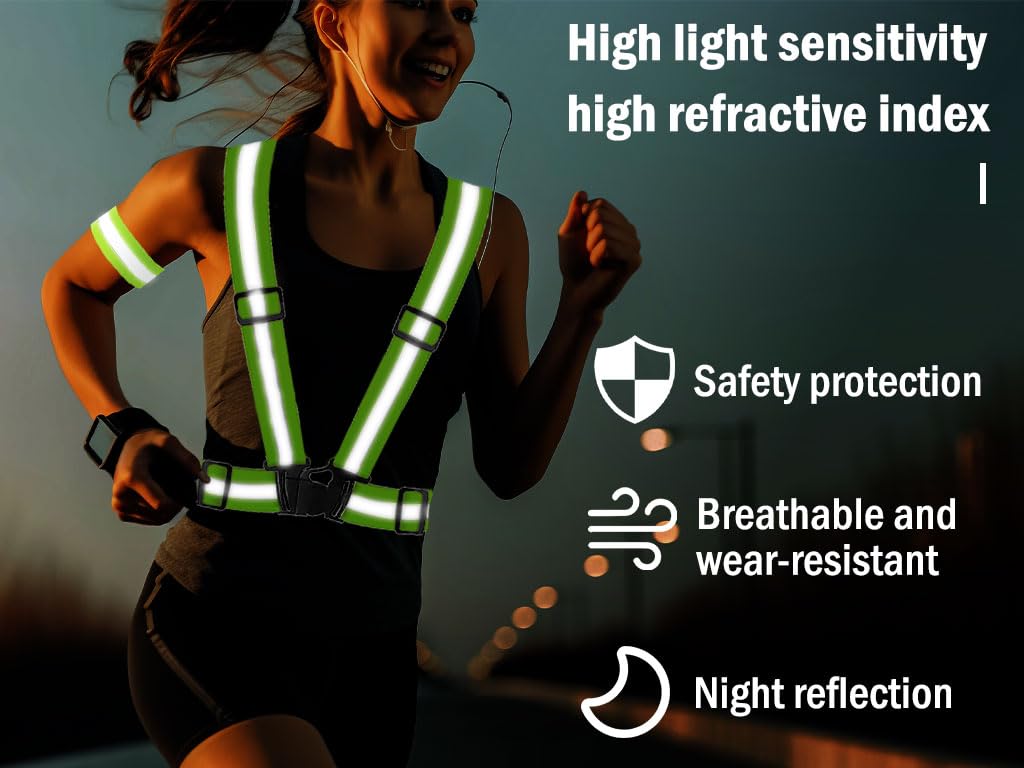 Hitopin Running Reflective Vest Gear, 4Pack Reflective Safety Harness, High Visible Reflective Running Vest, Adjustable Safety Vest, 8PCS Reflective Wristbands, for Running, Jogging, Hiking, Cycling