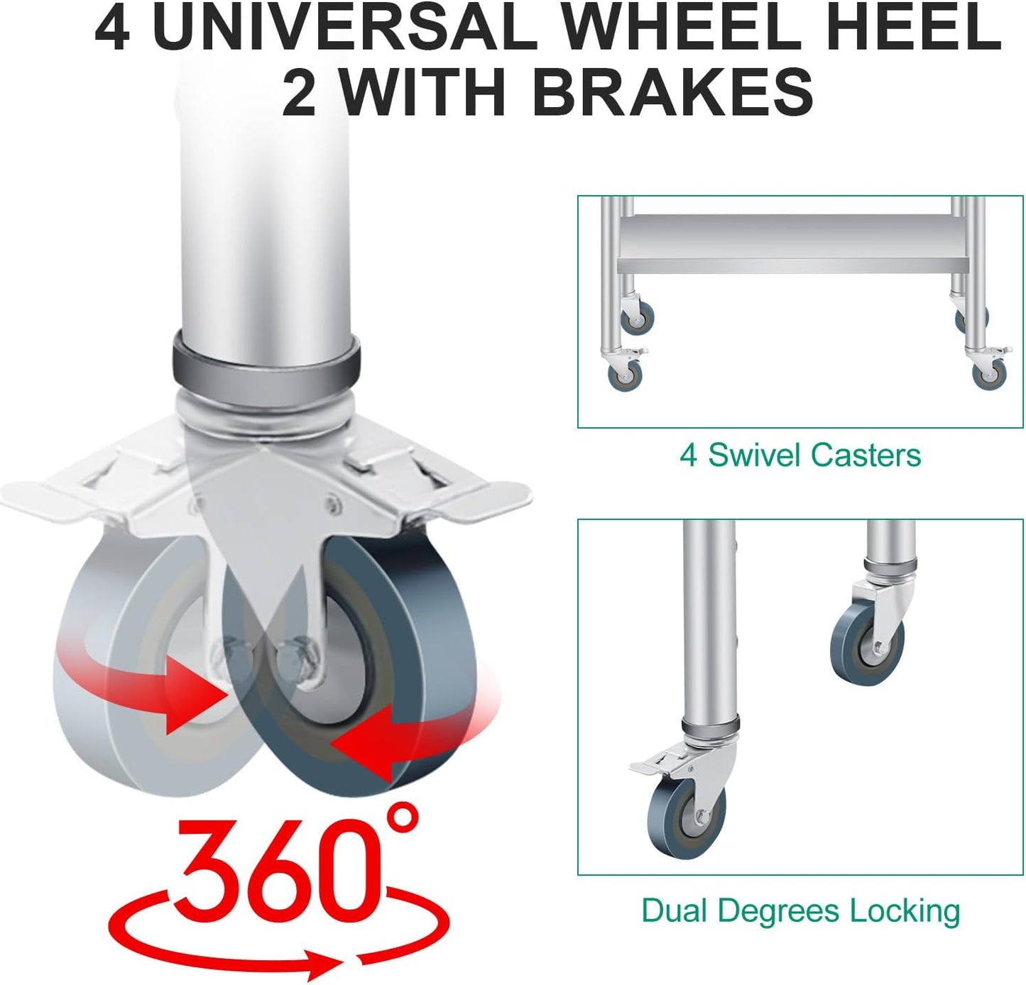 Stainless Steel Prep Table, 48 x 24 Inches, with Backsplash, Adjustable Undershelf and 4 Caster Wheels, Commercial Heavy Duty Table with Adjustable Under Shelf for Outdoor Use,Restaurants,Hotels,Works