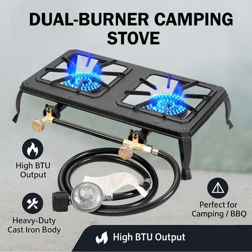 Vivicreate Cast Iron Propane Gas Stove Double Burner Heavy Duty Portable Removable Outdoor Cooker 200LB Support High Heat for Camping BBQ Fogon de Gas Estufa de Gas Portatil Parrillas de Gas