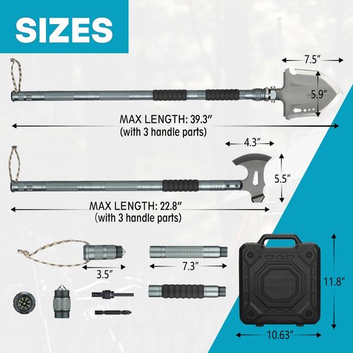 ZENHOSIT Survival Shovel with Axe, Camping Gear Folding Shovel Tactical Hatchet with 19.7-39.3inch Lengthened Handle - 24 in 1 Survival Tool Kit for Outdoor Camping Fishing Hiking