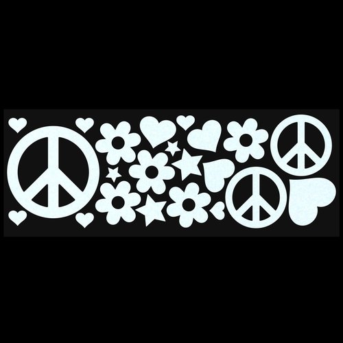 LiteMark Reflective Black Sixties Peace and Love Sticker, 60's Style - Pack of 22 Pcs (Hearts, Stars, Flowers, and Peace Signs)