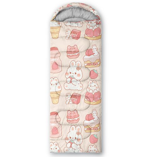 QOOMO Rabbit Strawberry Printed Camping Sleeping Bags,3 Season Warm & Cool Weather,Lightweight,Waterproof Sleeping Bags for Adults & Kids,Traveling,and Outdoors,Camping Gear Equipment,31x90inch