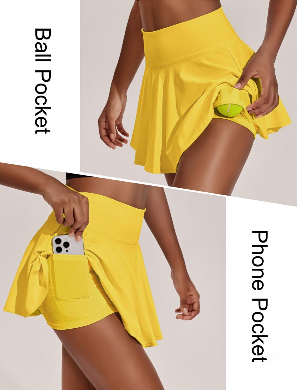PINSPARK Womens Tennis Skirt High Waist Pleated Mini Skirts Tummy Control Athletic Skort with Pockets, Yellow Large