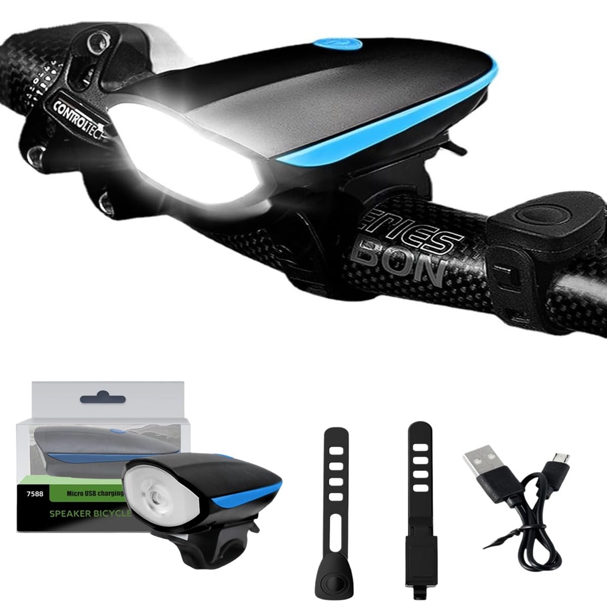 Bicycle Light and Bell Set High Lumens Bike Headlight with Horn USB Rechargeable and Waterproof (Blue)