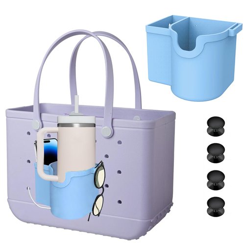 Sufeasdf Bogg Bag Accessories, Bogg Bag Cup Holder, with Silicone Cup Holder, Phone Holder and Sunglasses Holder, Waterproof and Sandproof for Small Bogg Bag & XL Bogg Bag (Blue), 5.23x3.97x4.01inch