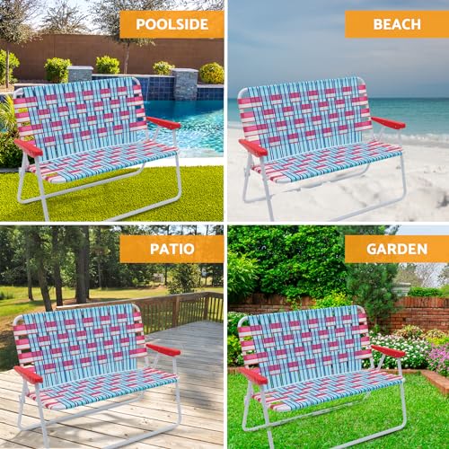 CAMP & GO 16.5" High Seat Outdoor Double Wide Loveseat Web Folding Chair, Blue/Red