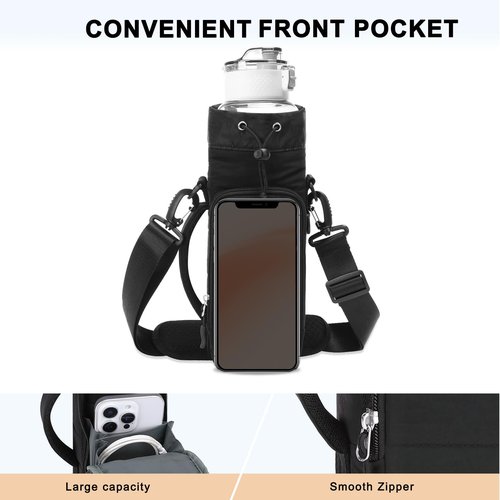 MOSISO Puffy Water Bottle Holder, 32oz / 40oz Insulated Water Bottle Carrier Bag with Strap, 2 Pockets Water Bottle Sling Bag with Handle for Walking, Hiking, Camping, Traveling, Black
