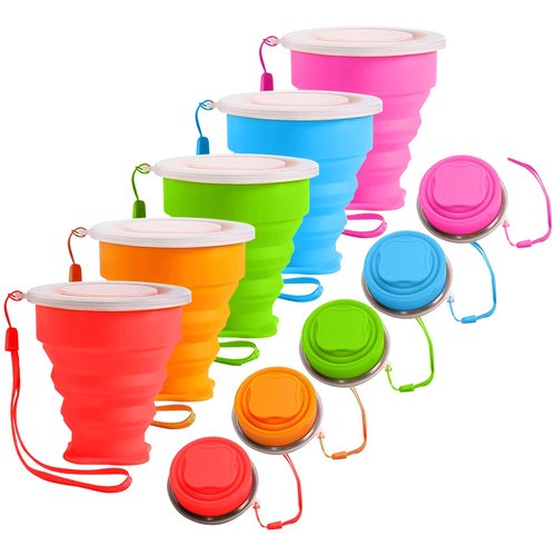 QEEYON 5Pcs Silicone Collapsible Cup for Travel, Reusable Folding Camping Cup Mug with Lids, Portable Expandable Drinking Cup Collapsible Water Cups Mugs Set Telescopic Camping Tumblers for Hiking