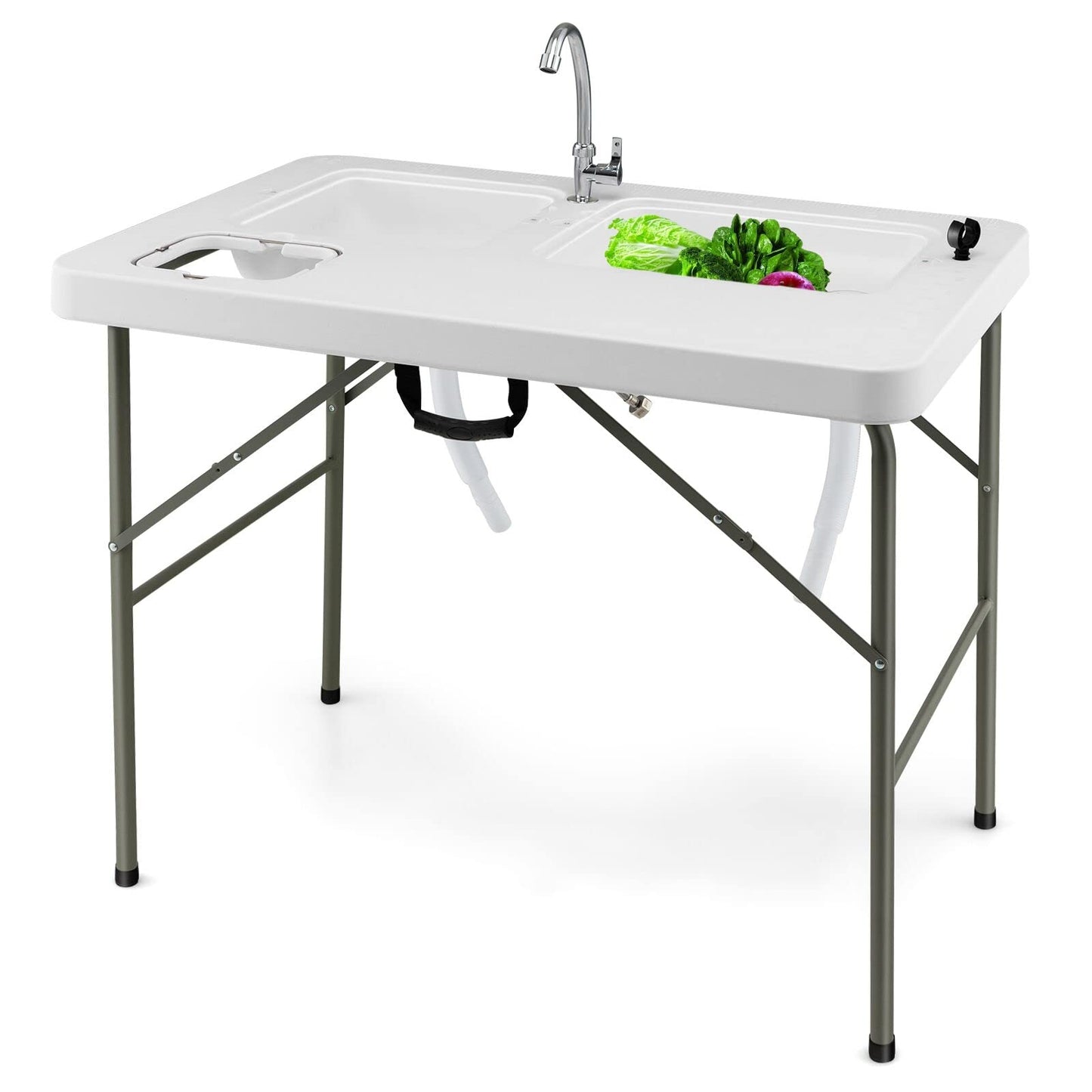 Julimoon Folding Fish Cleaning Table, Portable Camping Table w/ 2 Sinks, 360° Rotatable Faucet, Heavy Duty Camping Sink Station w/Hose Hook Up, Outdoor Fillet Picnic Table for Camping, Beach, White