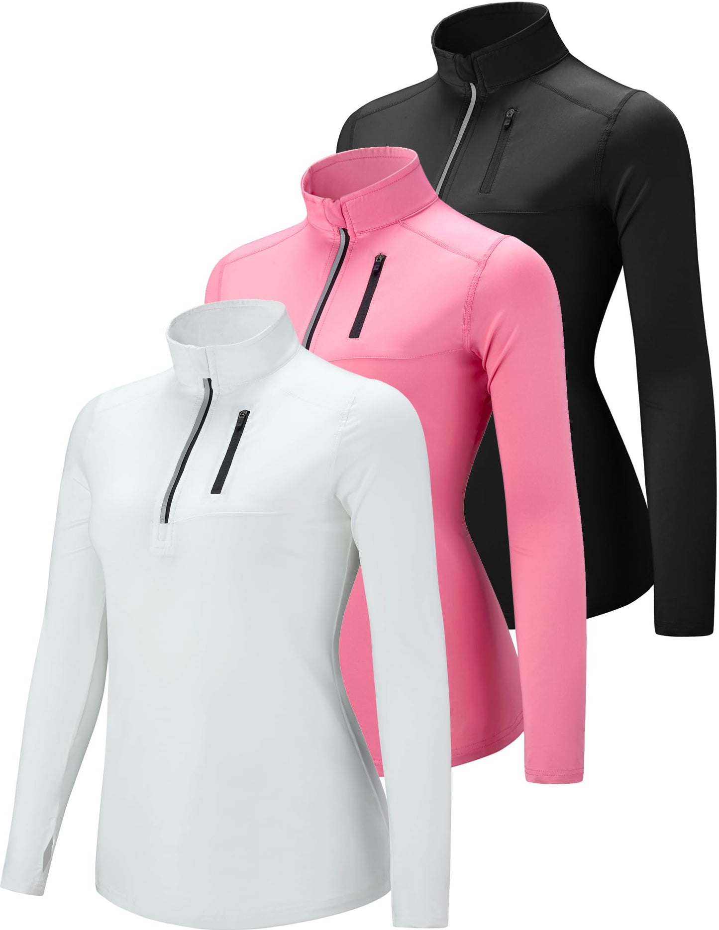 3 Pack: Women's Quick Dry Long Sleeve Quarter Zip Pullover Workout Shirts with Thumb Holes and Pocket (Set 2, Large)