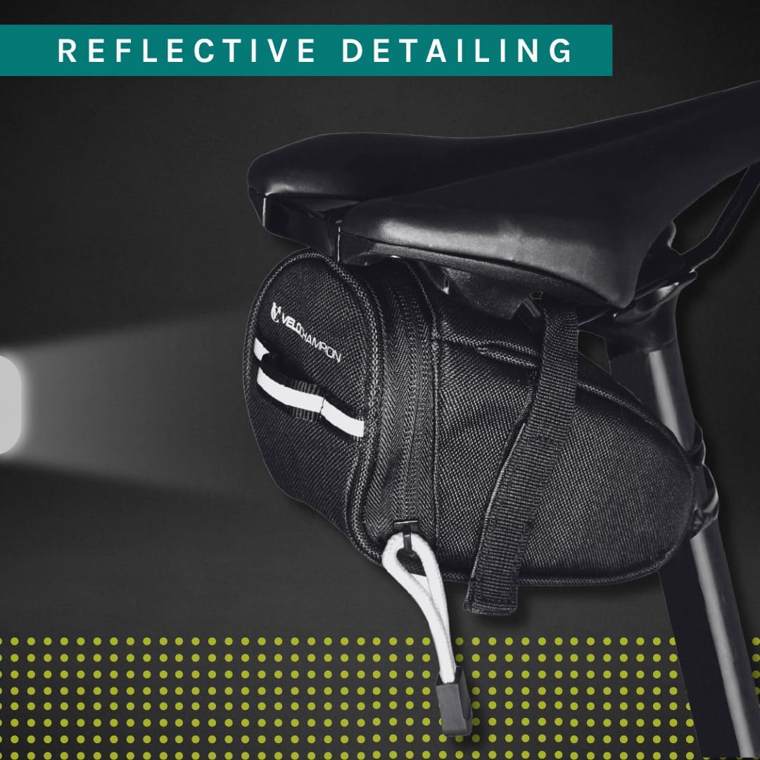 VeloChampion Black Bike Seat Pack Under Saddle Bag | 1 Litre Storage | Ideal for Mountain Road or Hybrid Bikes | Reflective | Water Resistant | Perfect for Repair Kits and Cycling Accessories
