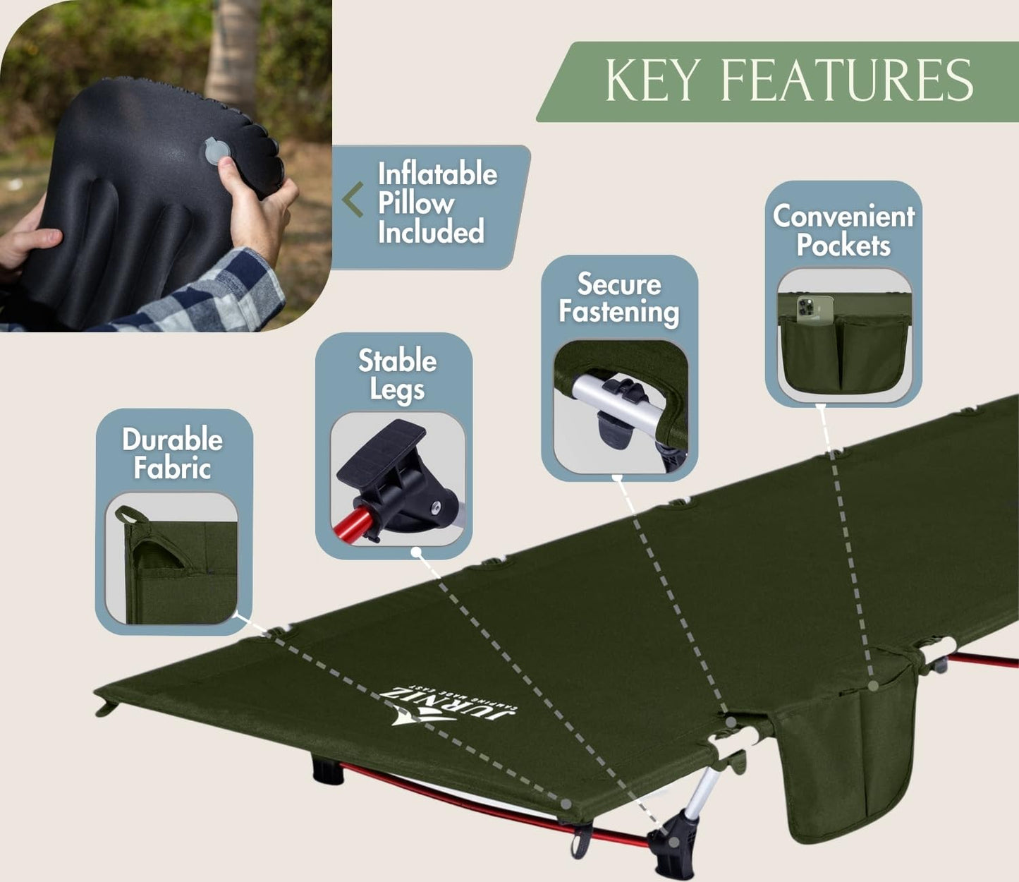 JURNIZ Ultralight Camping Cot for Adults and Kids; Supports up to 330lbs; 4.85lbs Ultralightweight Portable Camping Bed for Hiking, Camping and Backpacking with Carry Bag (Green)