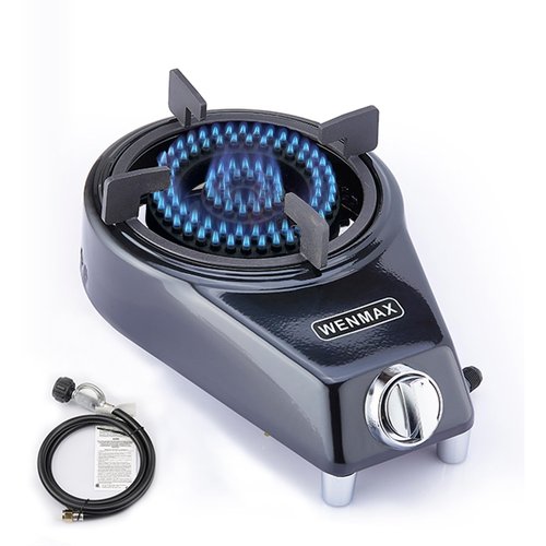 WENMAX Single Burner Propane Stove, Portable Gas Stove with Propane Adapter Hose, High Heat Value 15000 BTU, Smart Valve Protection for Children, Portable Size for Outdoor Use