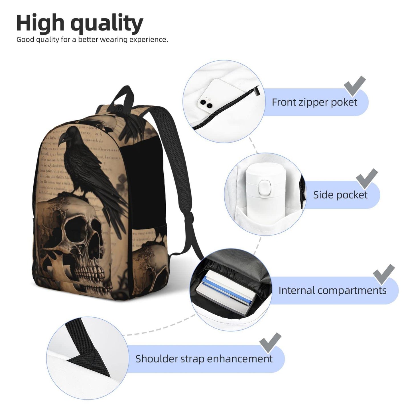 FYCFSLMY Edgar Allan Poe The Raven Skull Backpack with Adjustable Straps, Suitable for Travel Picnics Activities