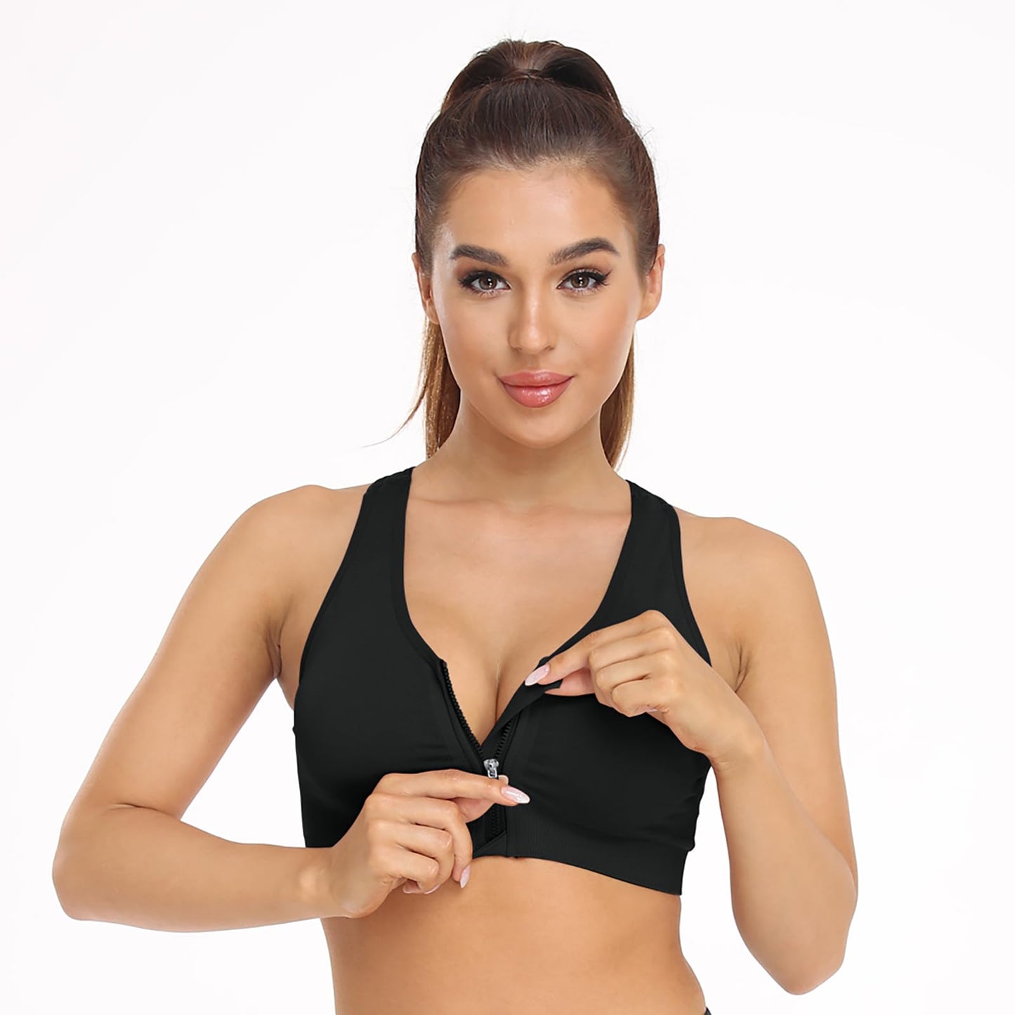 Women's Zip Front Sports Bra - Wireless, Padded, Post-Surgery Zipper Front Racerback Workout Yoga Gym Bra Top 2 Pack
