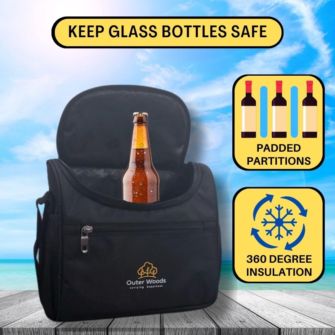 Outer Woods Insulated 8 Pint Bottle Bag, Fits 8 x 330 ml Pint Bottles, 6 to 8 Hours Cooling, Includes 4 Ice Gel Packs, Black