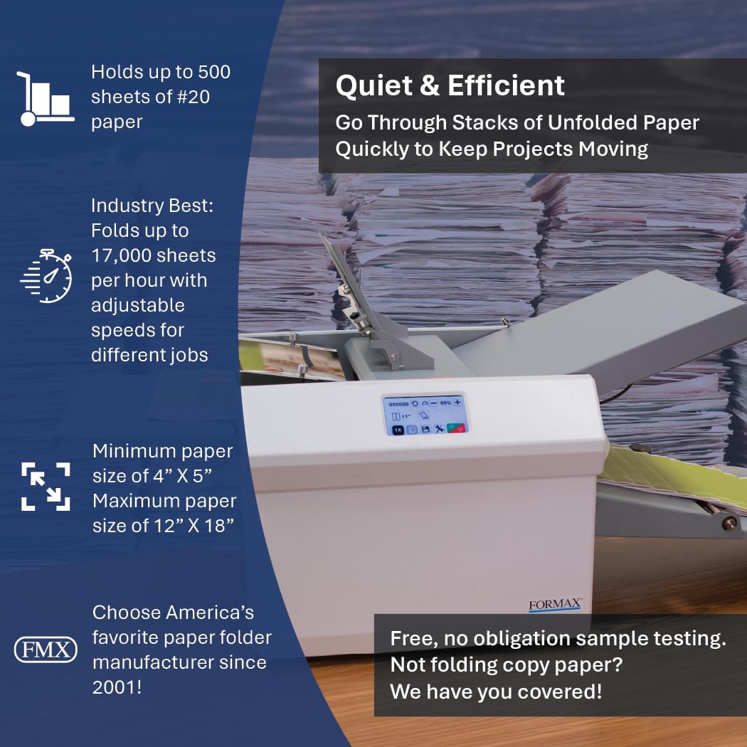 Formax FD 38Xi Fully-Automatic Touchscreen Document Folder, Up to 17000 Sheets/h, Pre-Programmed for C,V,Z, Gate, Fold Out and Double Parallel, Up to 500 Sheets 20# Hopper Capacity